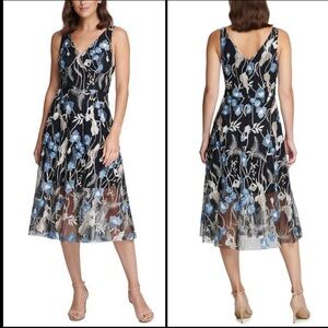 Vince Camuto Floral Embroidered Mesh Midi Dress V neck Front/Back Sz 2